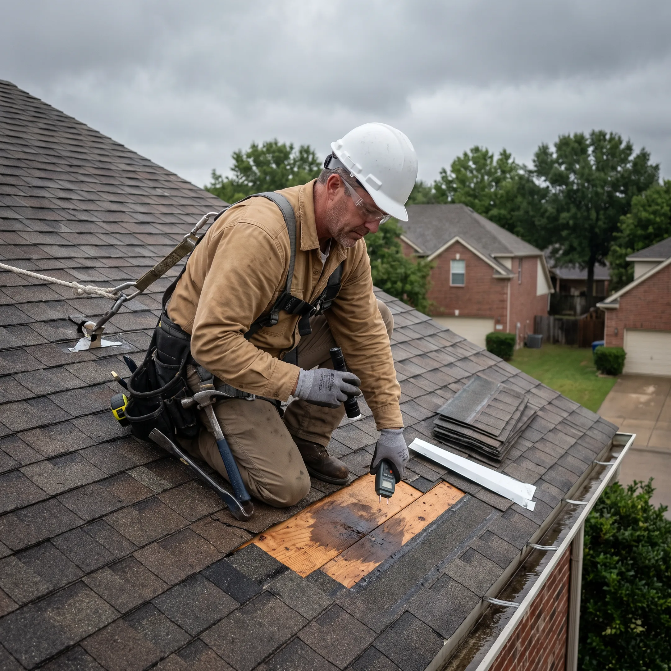 Roofing professional inspecting a storm-damaged roof in Houston