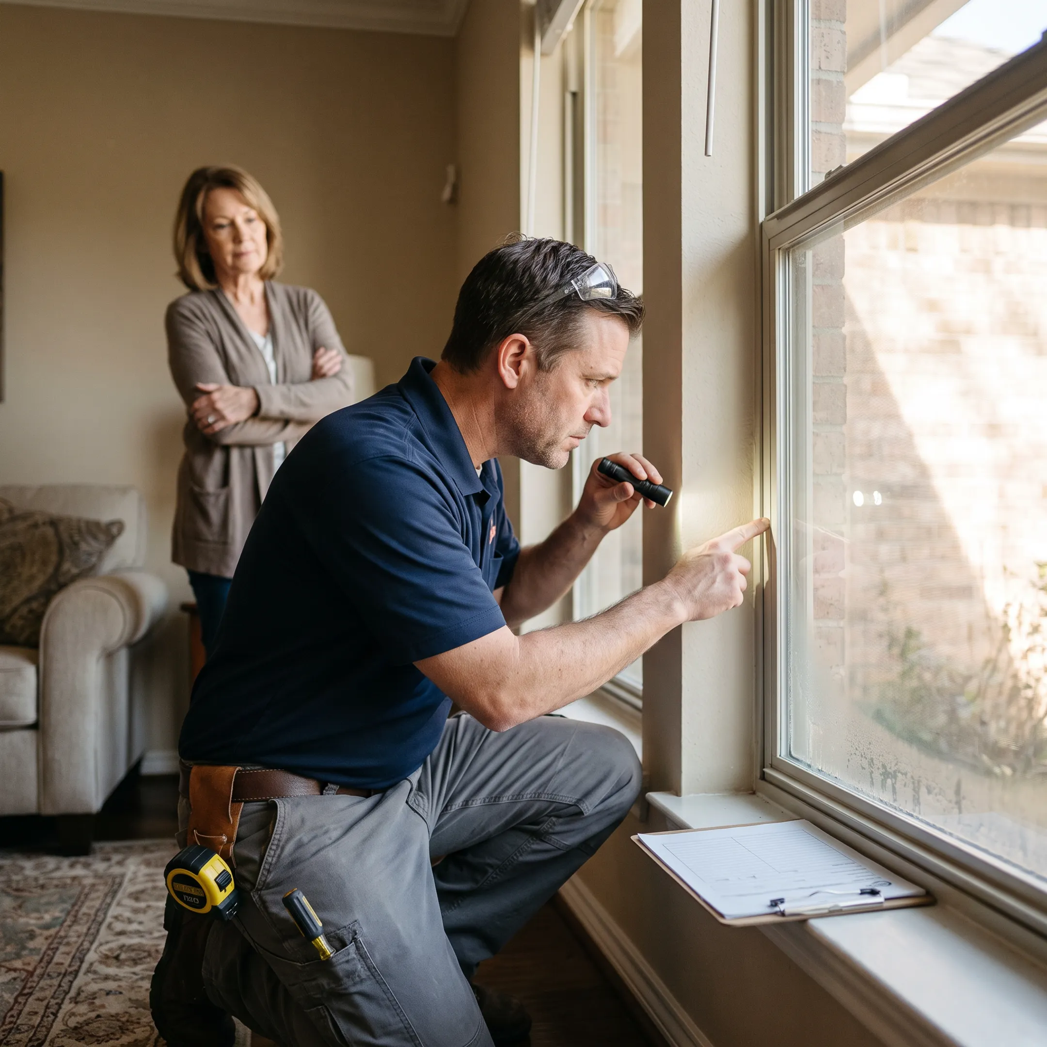 Contractor assessing a residential window for repair or replacement
