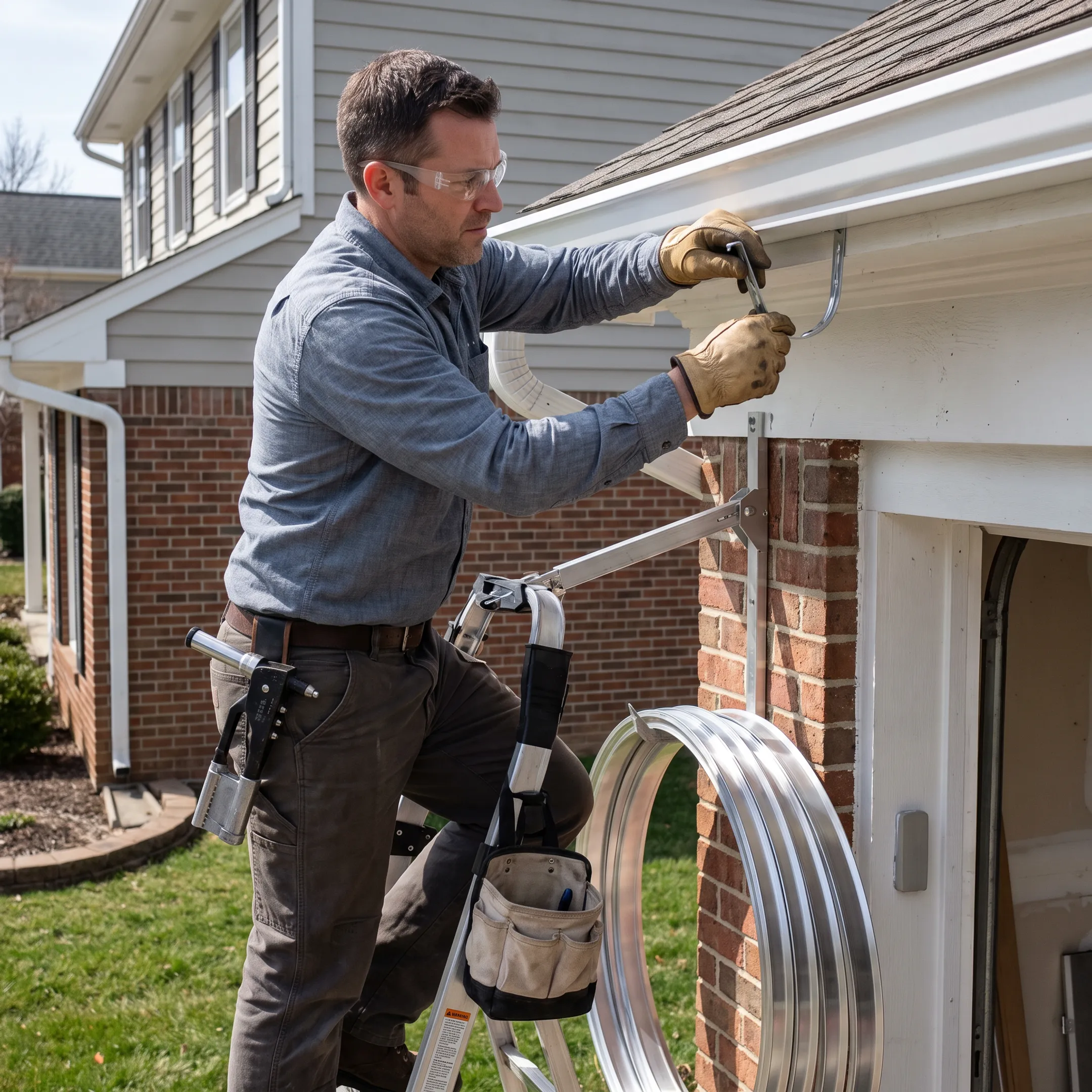 Contractor installing gutters along an Austin home roofline