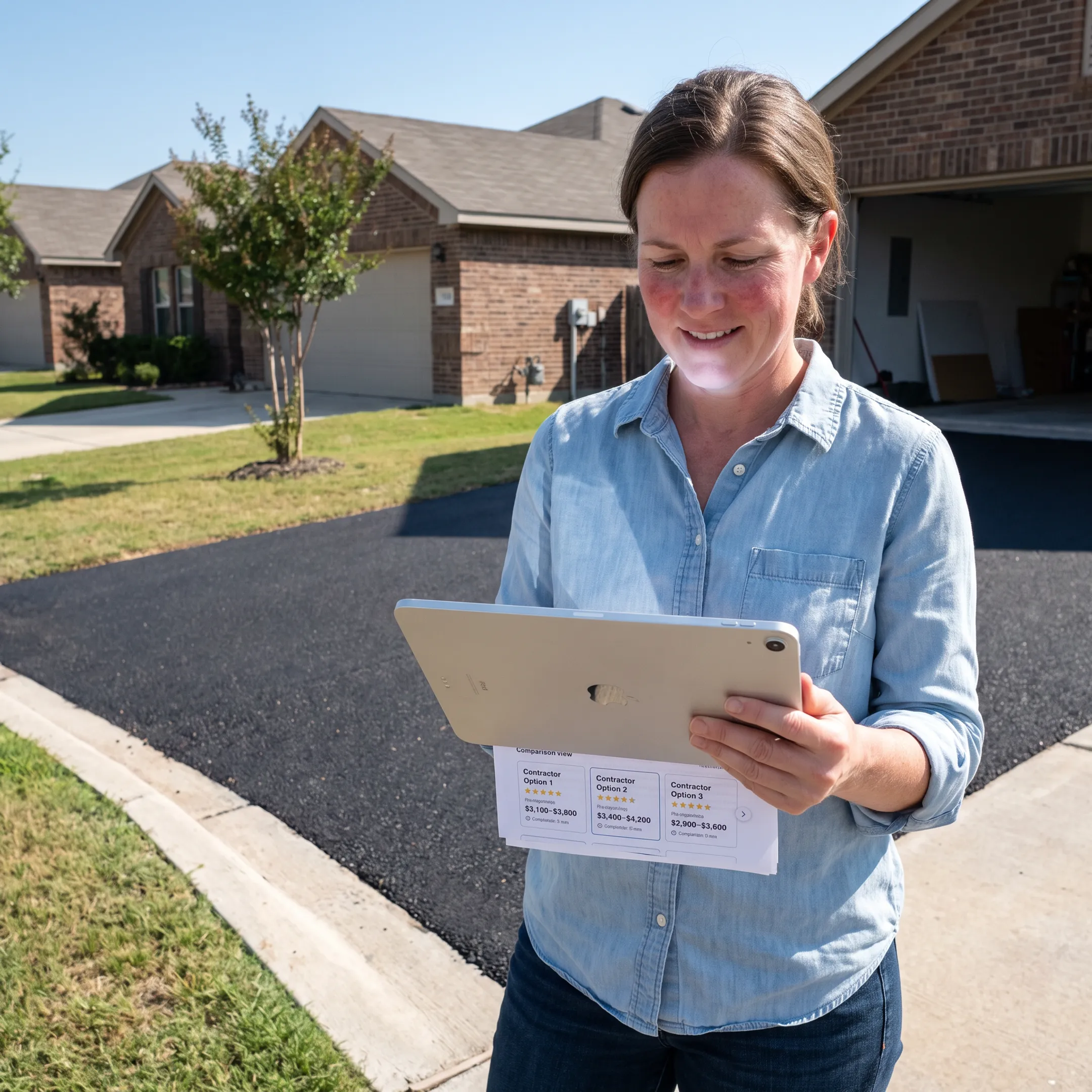 Homeowner reviewing asphalt contractor estimates on a tablet