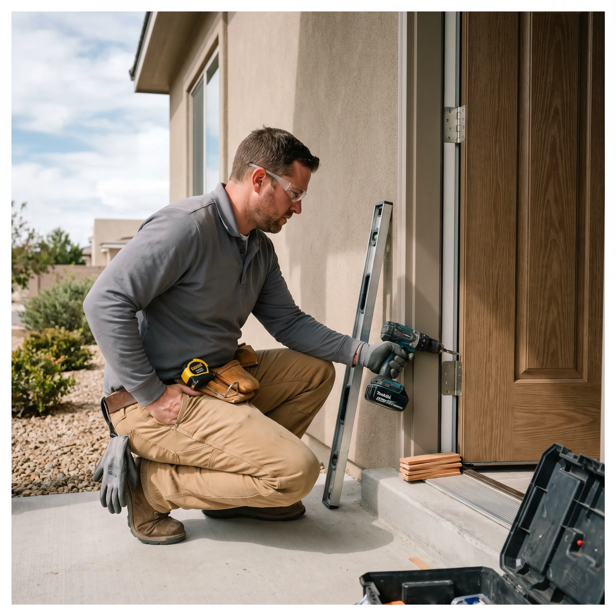 Professional installing a replacement exterior door at a San Antonio home