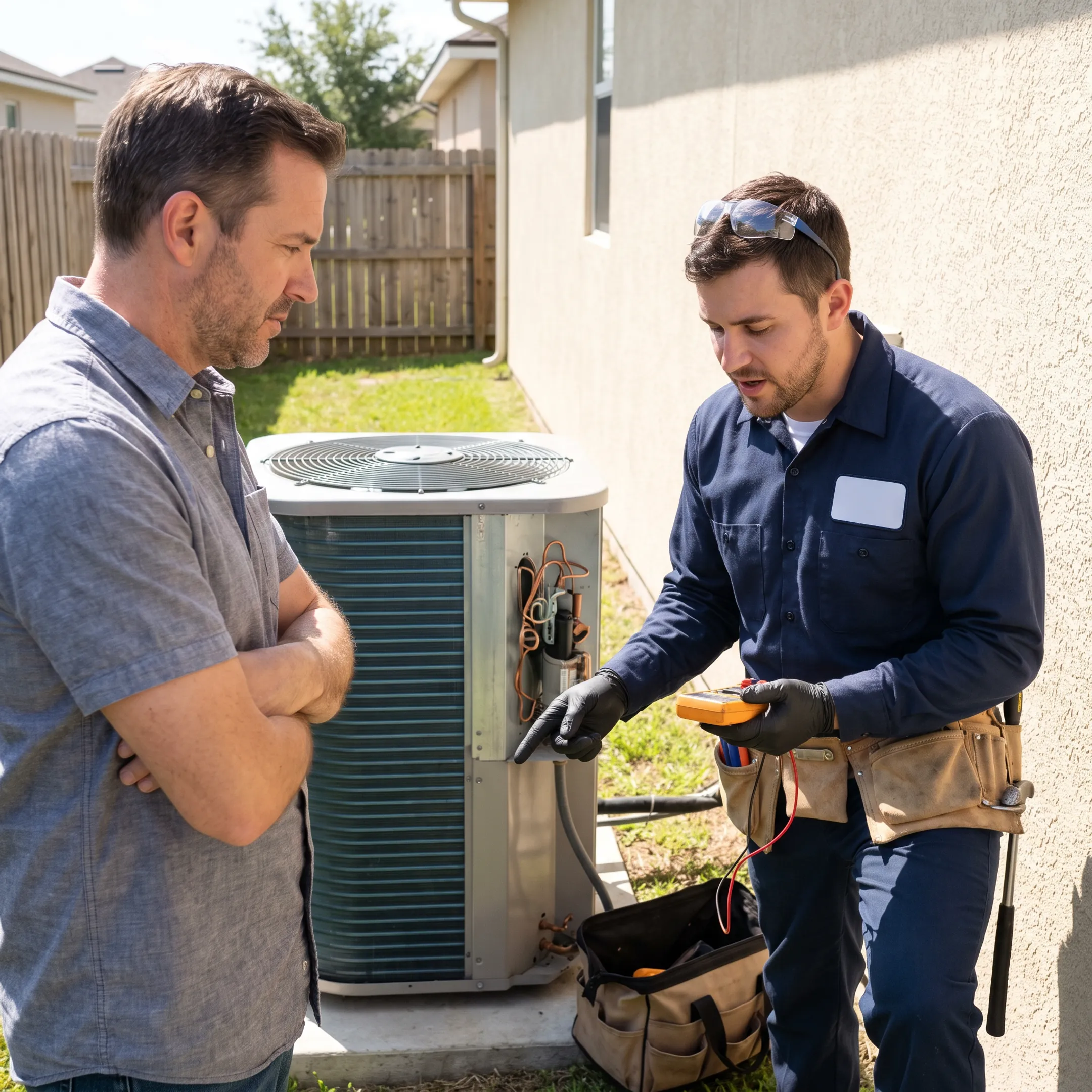 Homeowner reviewing AC repair options with a technician