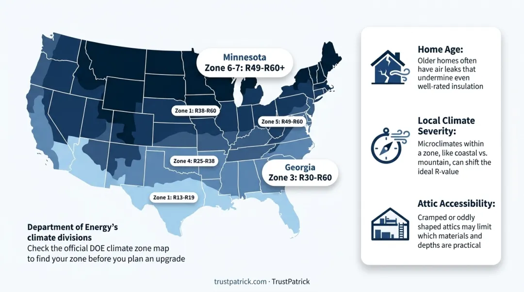 Recommended attic R-values mapped across U.S. climate zones