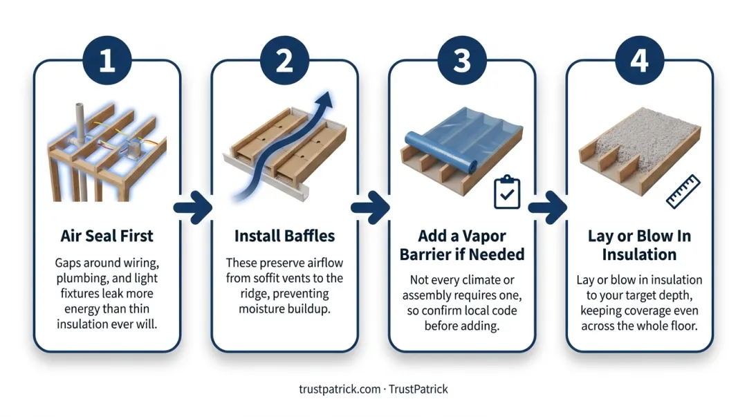 4-step attic insulation installation process from air sealing to final layer