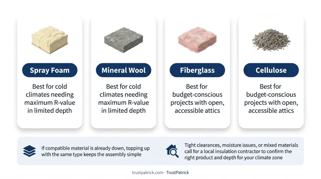 Comparison of fiberglass cellulose mineral wool and spray foam attic insulation
