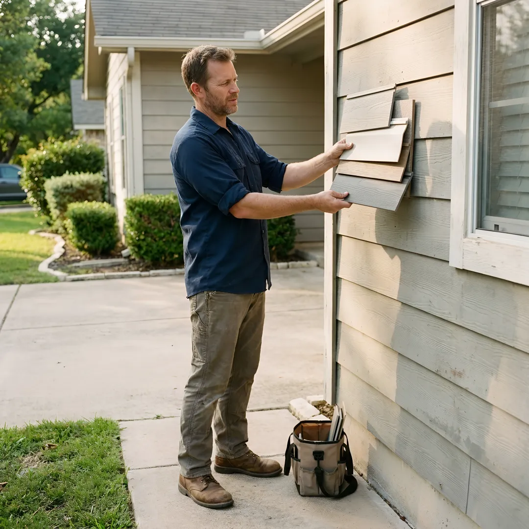 Contractor inspecting replacement siding options