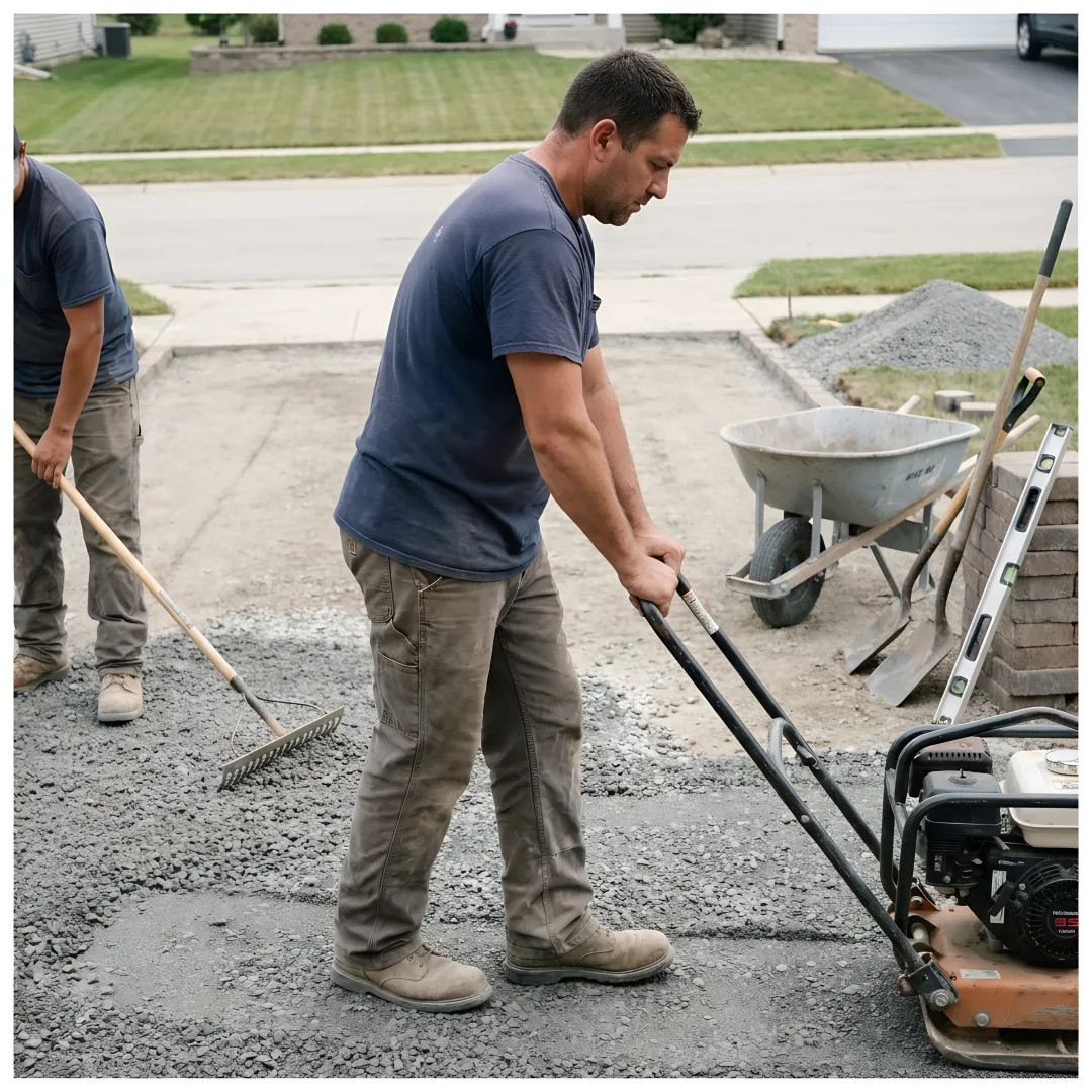 Crew preparing a driveway base