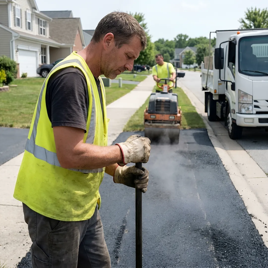 Freshly paved asphalt driveway beside a home