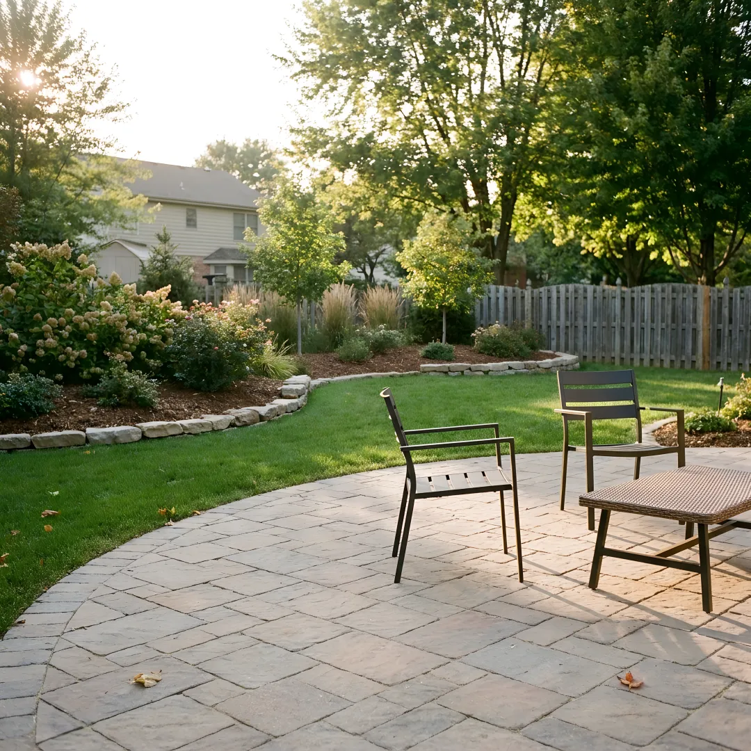 Completed landscaped patio with pavers and planting