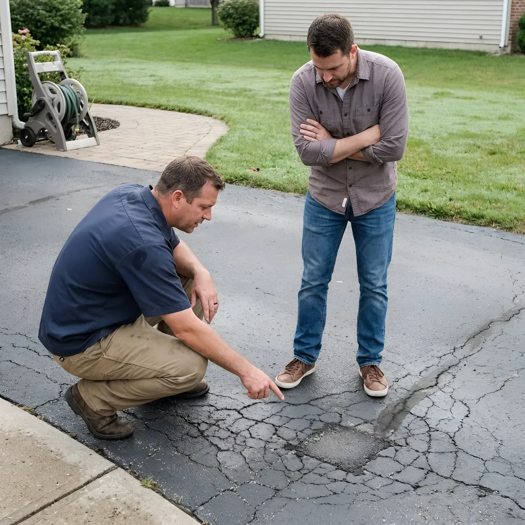 Contractor inspecting an asphalt driveway