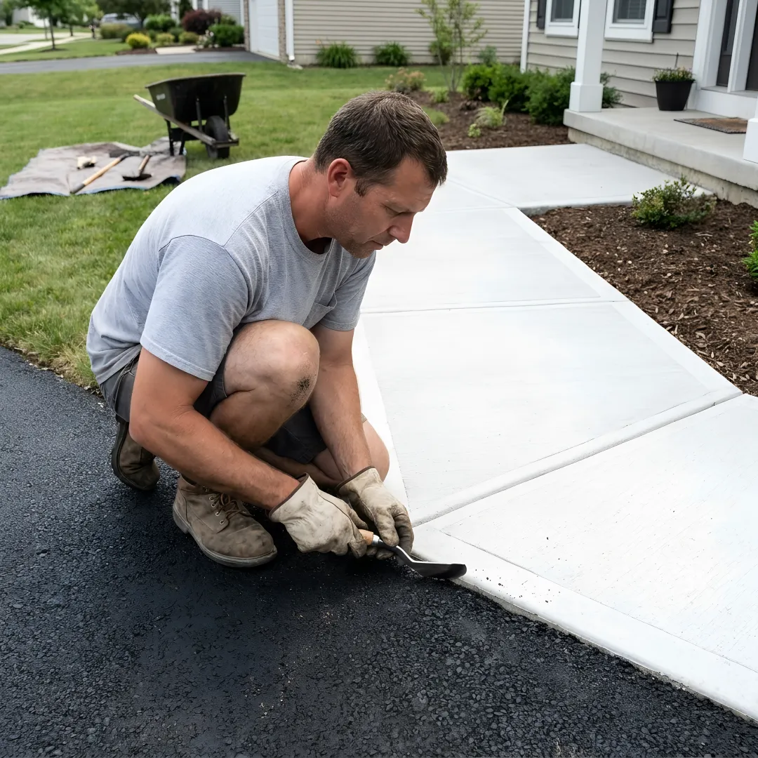 Fresh asphalt driveway and concrete walkway