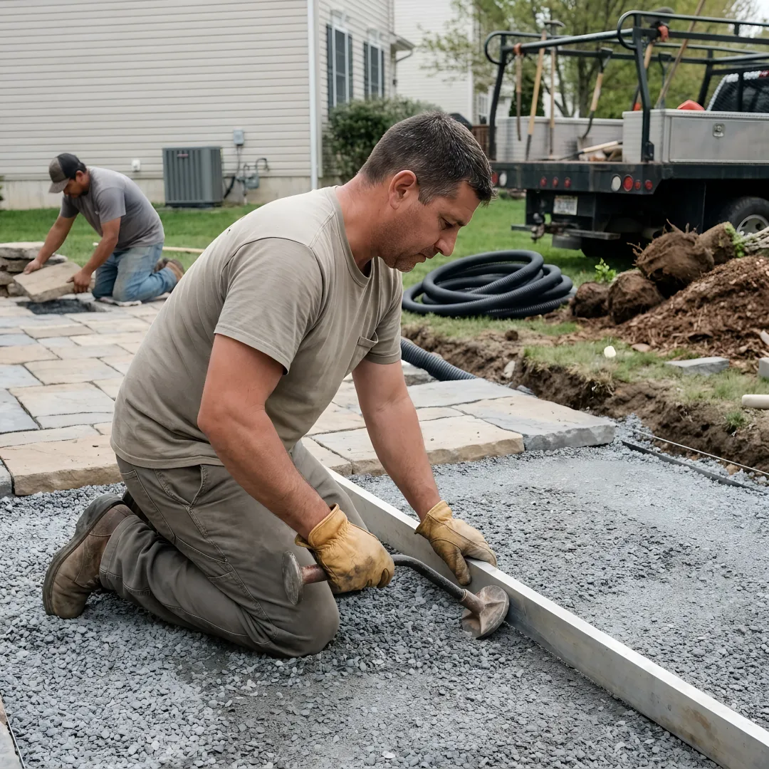 Crew preparing a landscape construction site