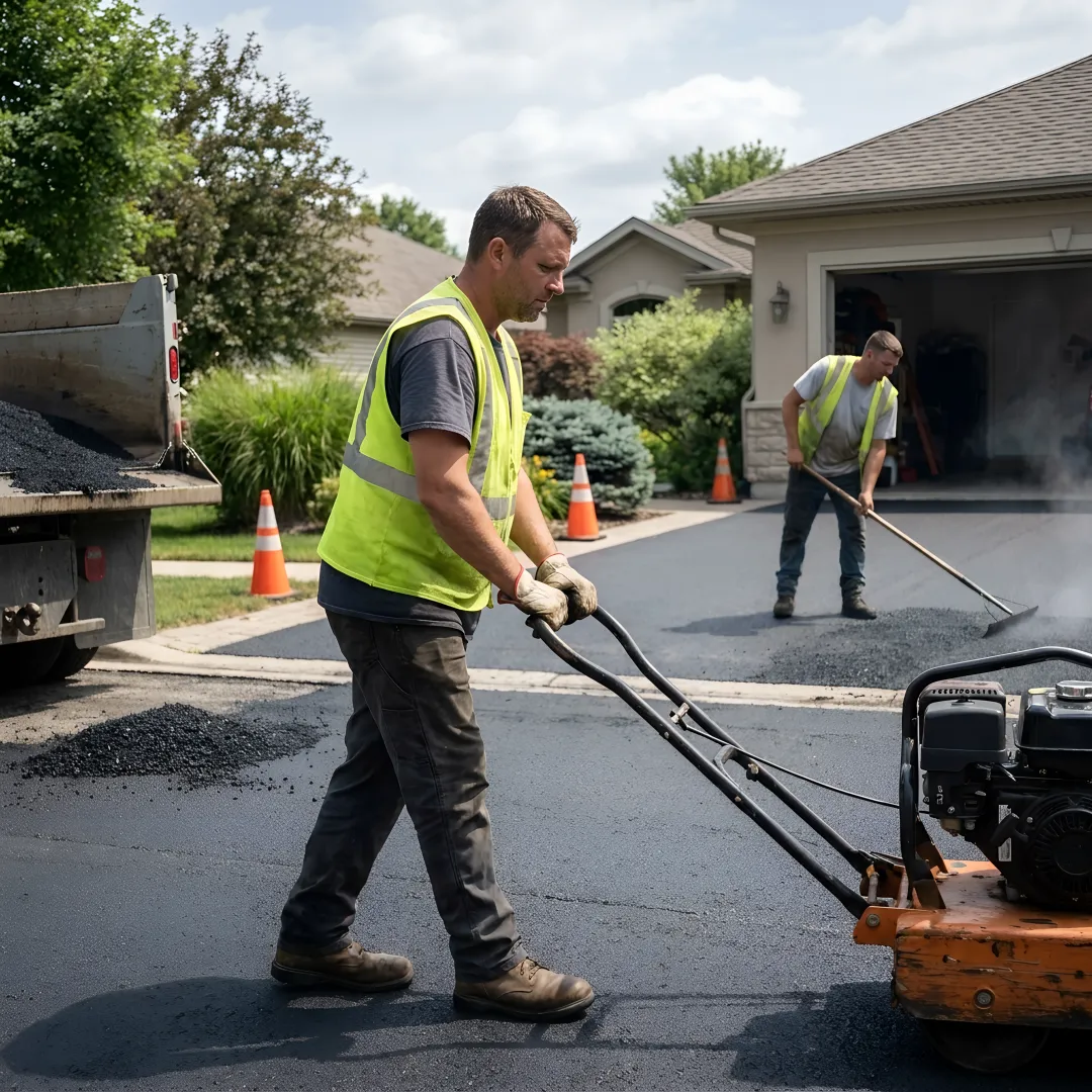 Commercial crew paving an asphalt parking lot