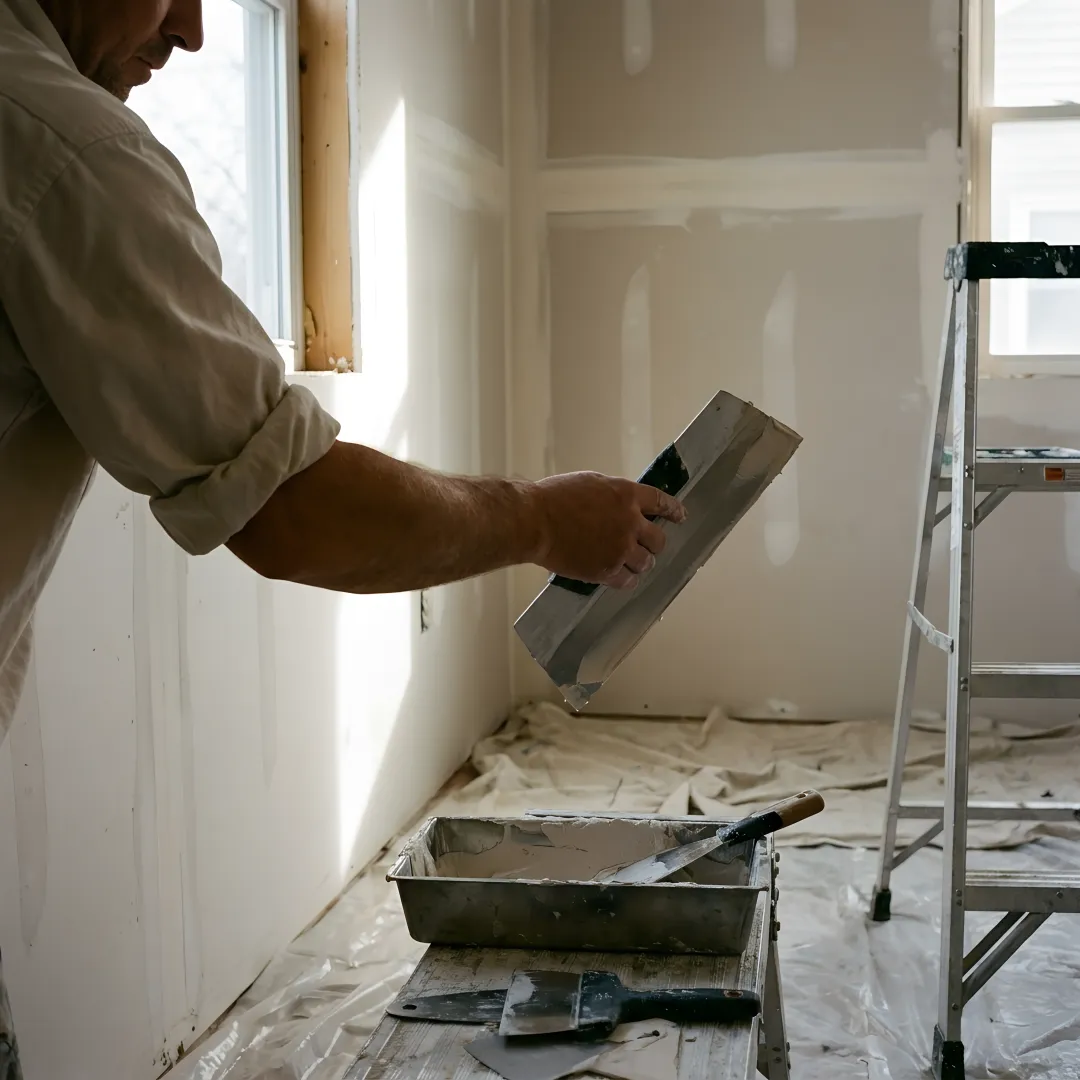 Drywall contractor finishing a wall seam