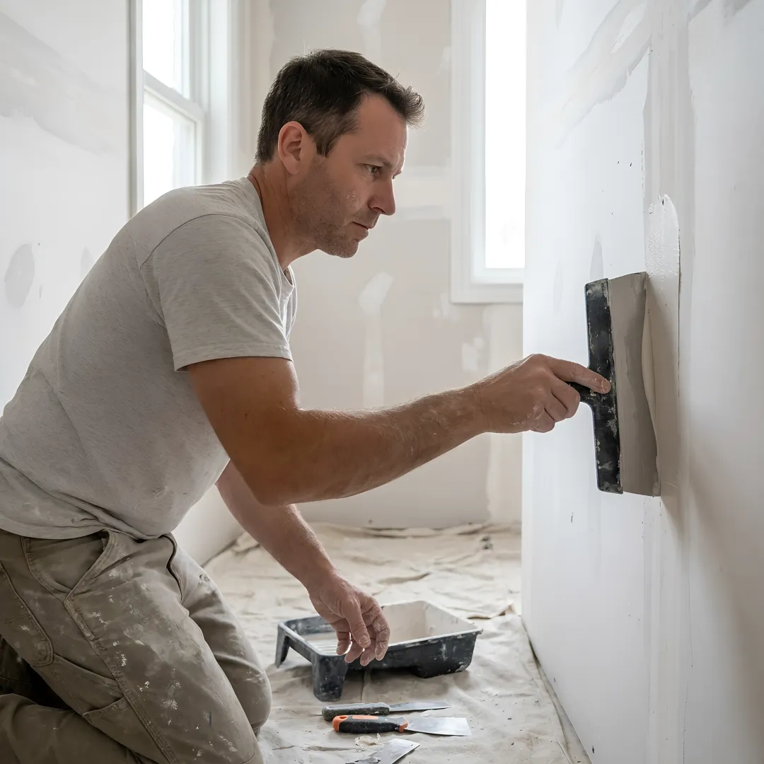 Contractor repairing drywall in an Austin home