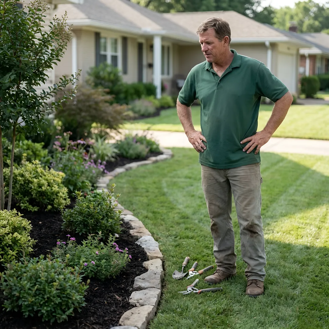 Landscaped residential front yard with planting beds