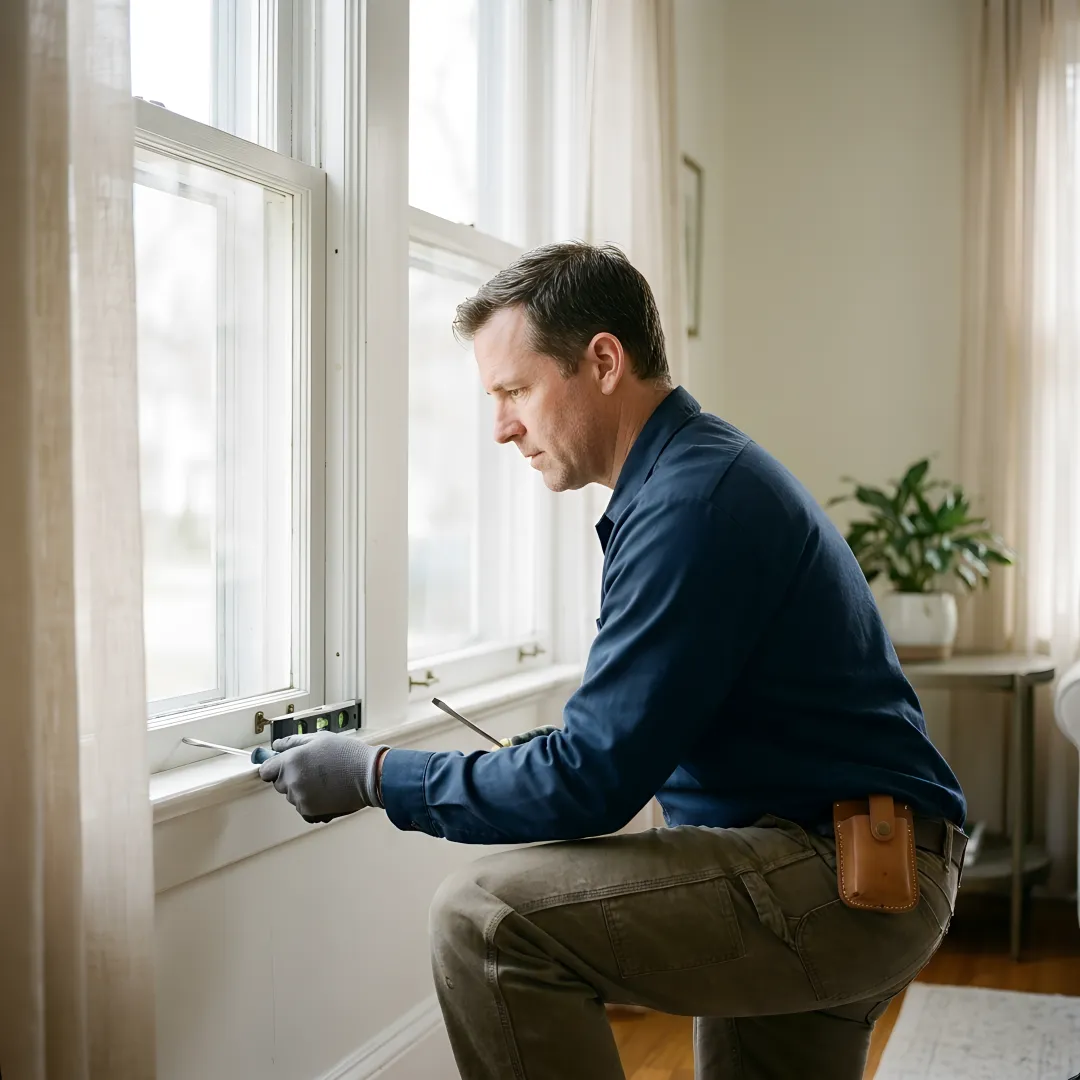Contractor inspecting a residential window