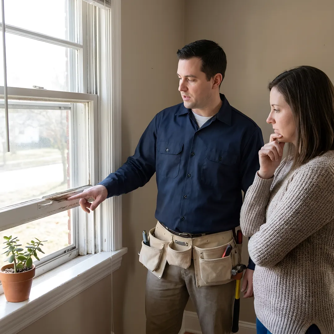 Homeowner discussing window repair options
