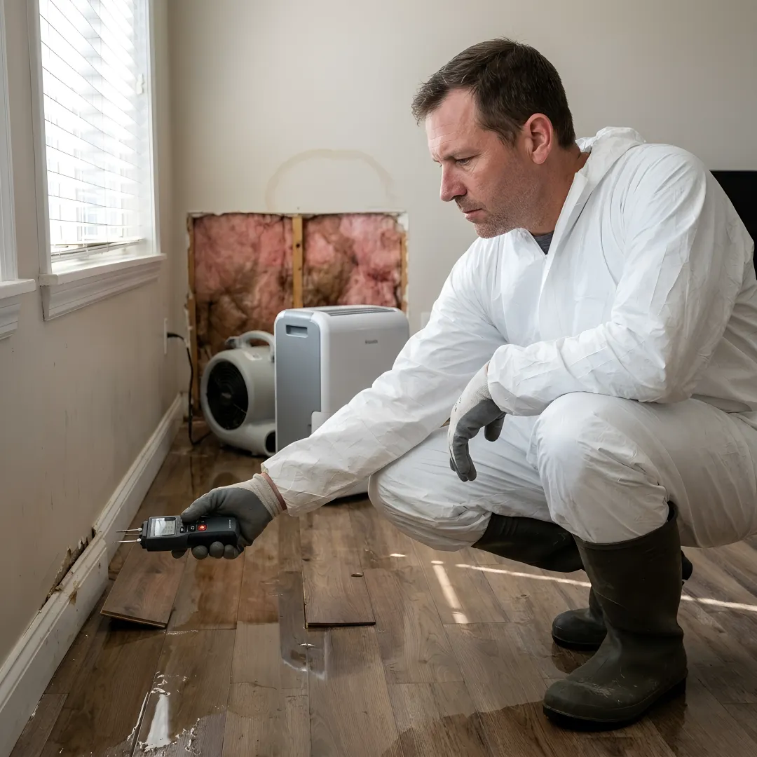 Restoration professional assessing water damage in a home