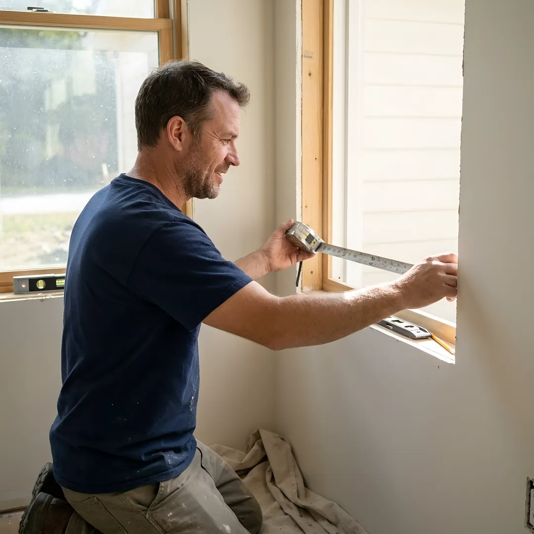 Contractor measuring a home window for replacement