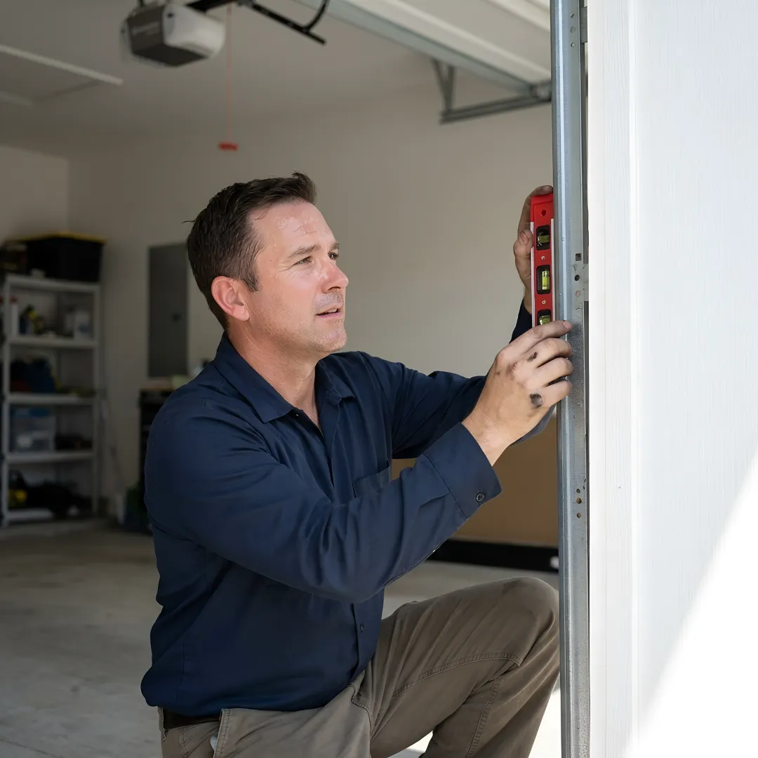 Technician inspecting a residential garage door
