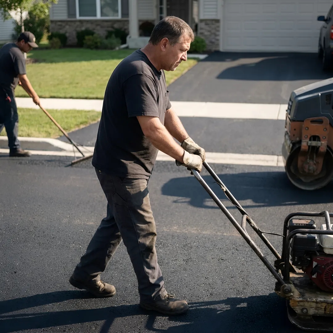 Freshly paved asphalt driveway outside a home