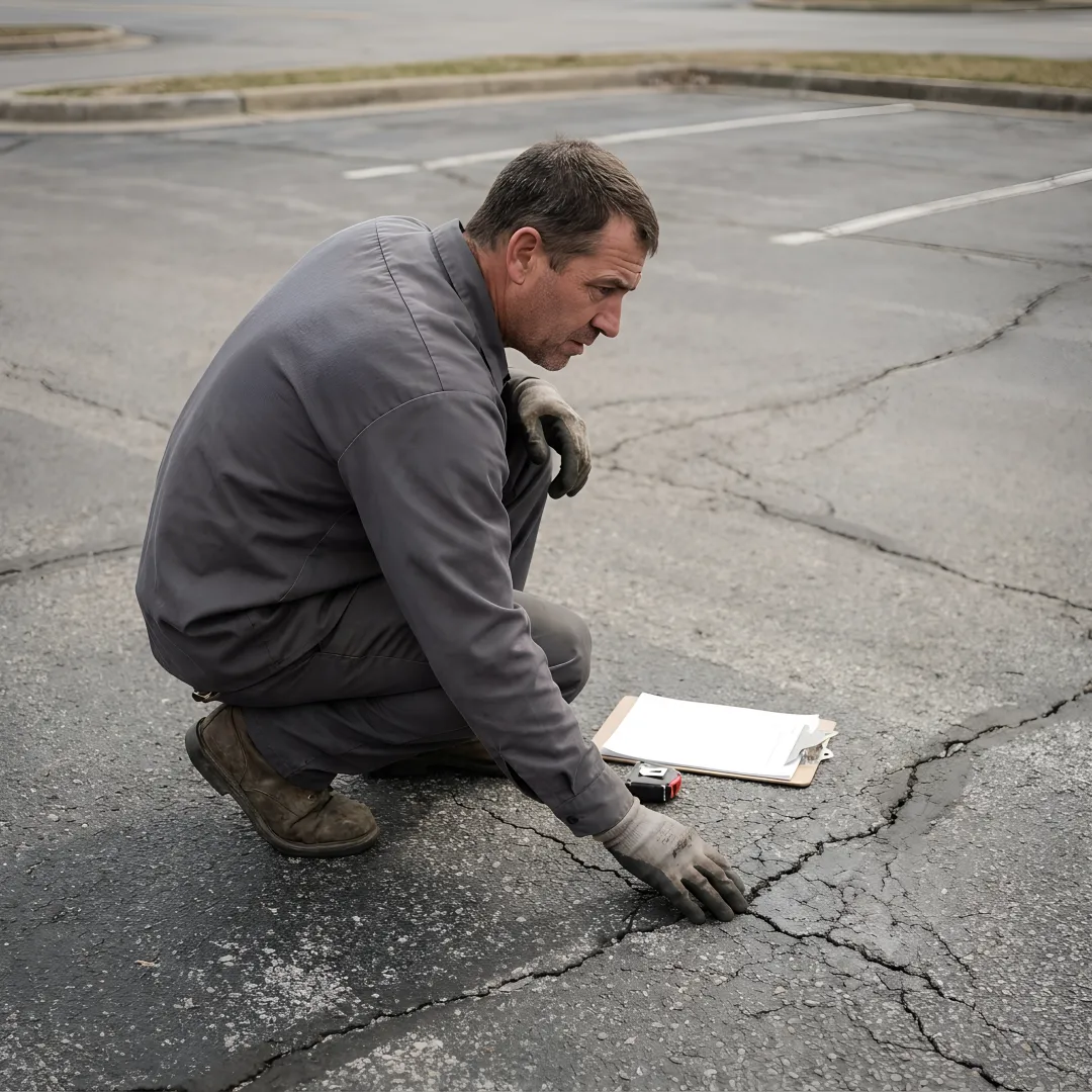 Contractor inspecting an asphalt parking area