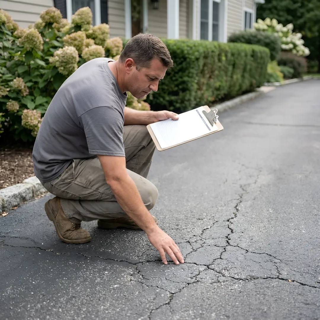 Contractor inspecting an asphalt driveway