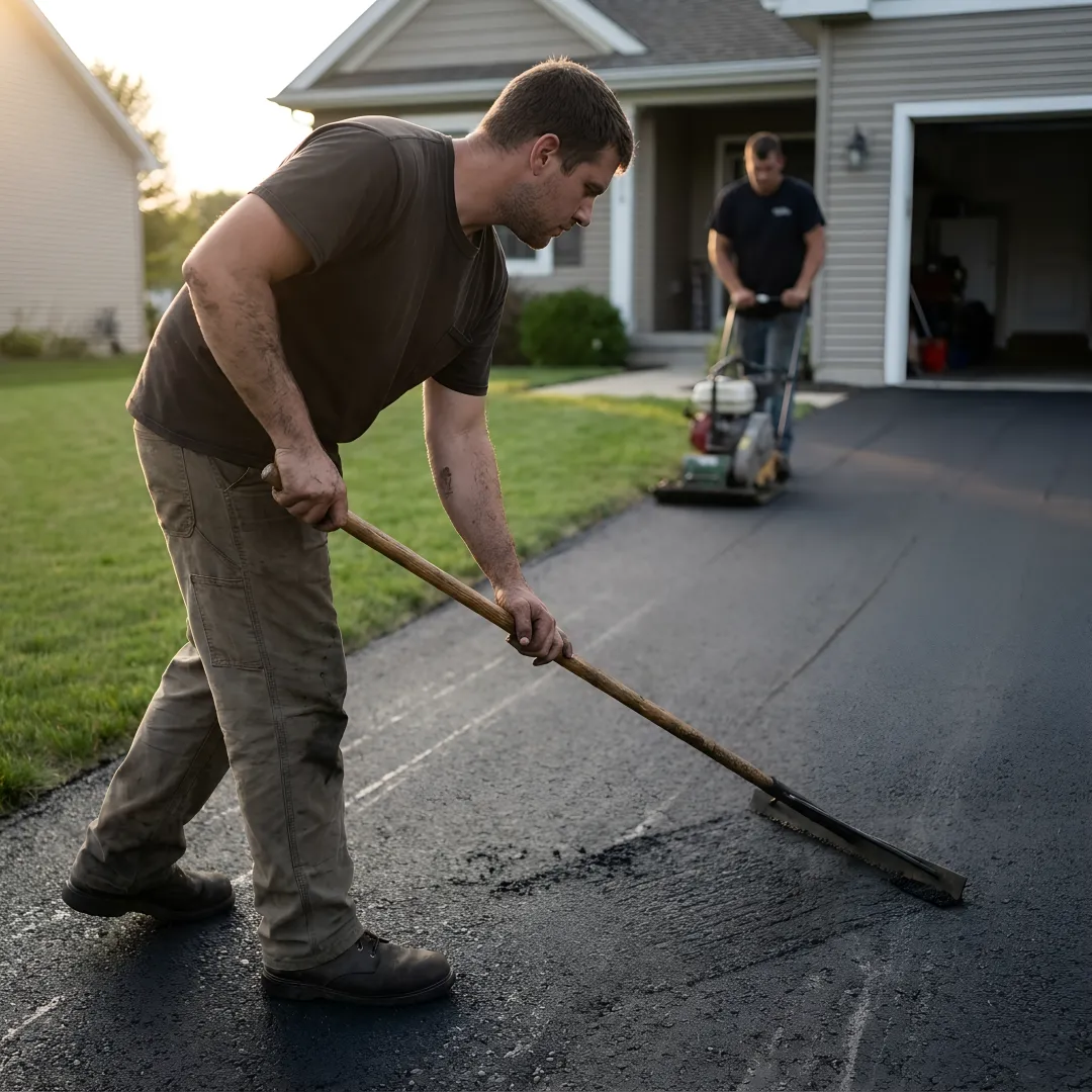 Freshly paved residential asphalt driveway
