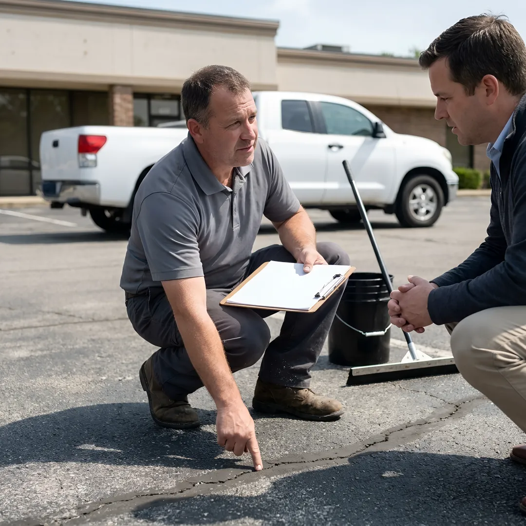 Contractor inspecting asphalt pavement