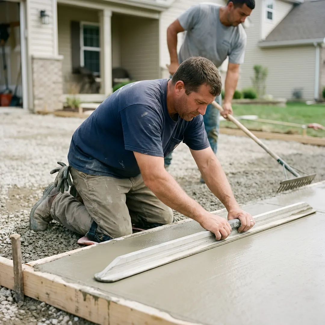 Concrete contractor finishing a driveway