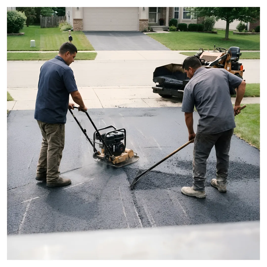 Paving crew installing an asphalt driveway