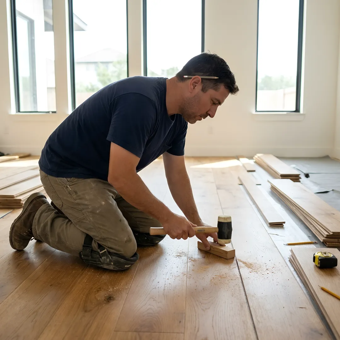 Installer laying wood flooring in an Austin home