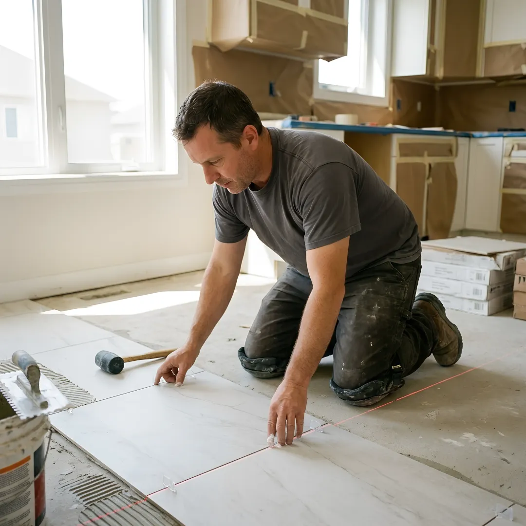Tile flooring installation in a residential kitchen