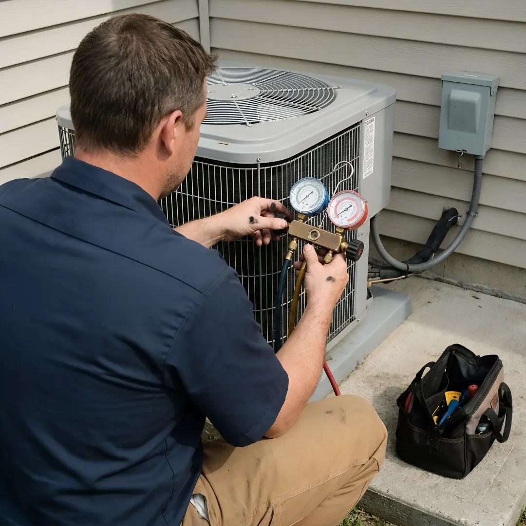 Technician checking residential HVAC equipment