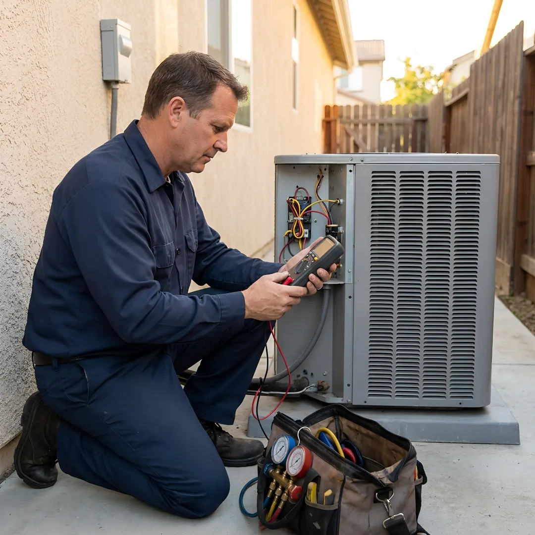 HVAC technician servicing an outdoor air conditioning unit