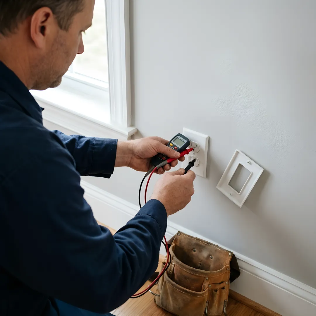 Electrician testing a residential wall outlet