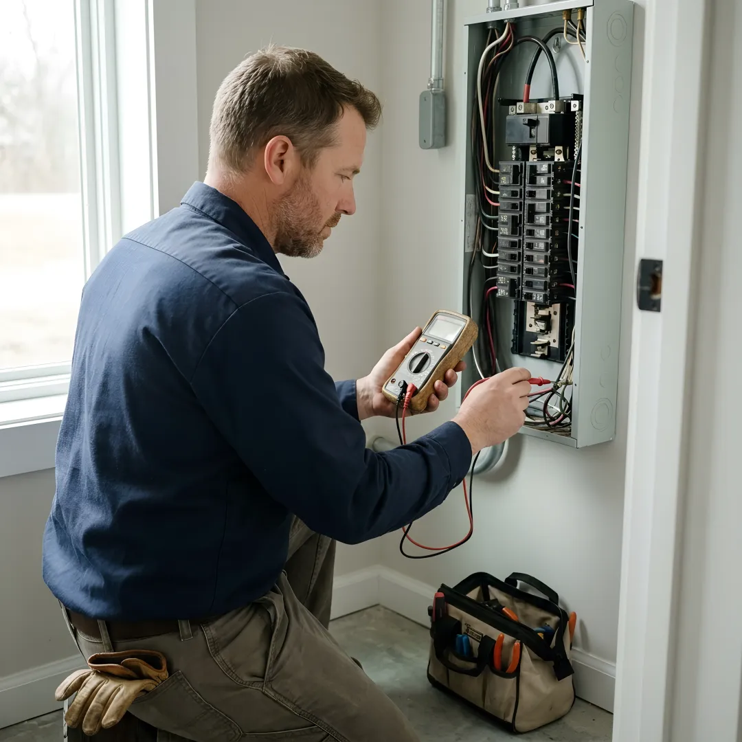 Electrician inspecting a home's electrical panel