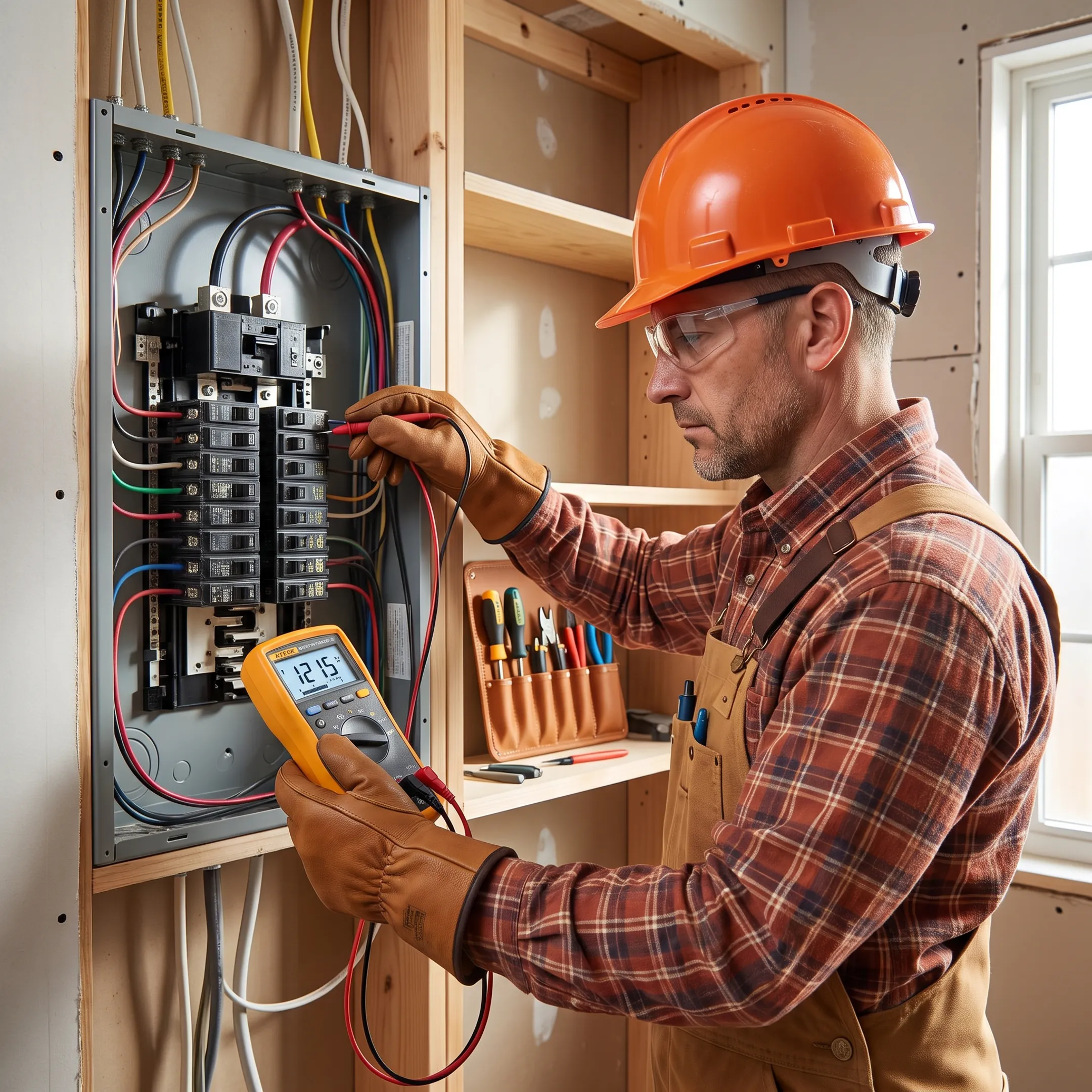 Electrician inspecting a residential electrical panel