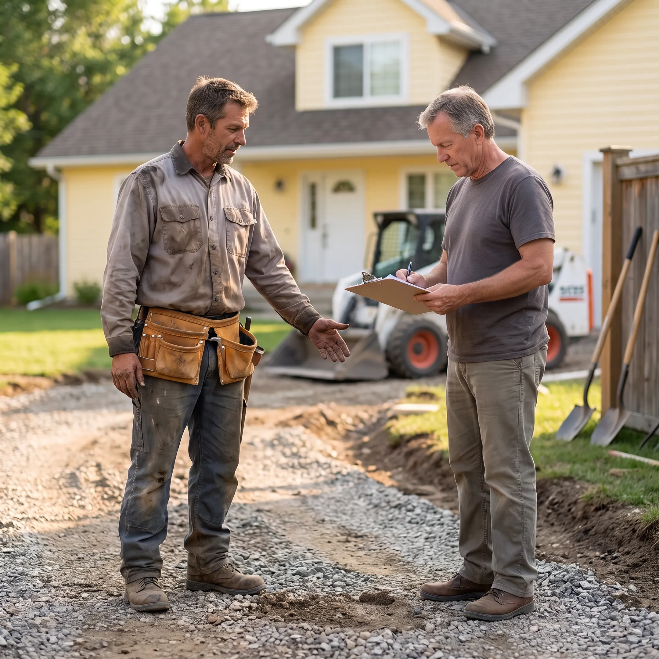 Homeowner discussing gravel grading plans