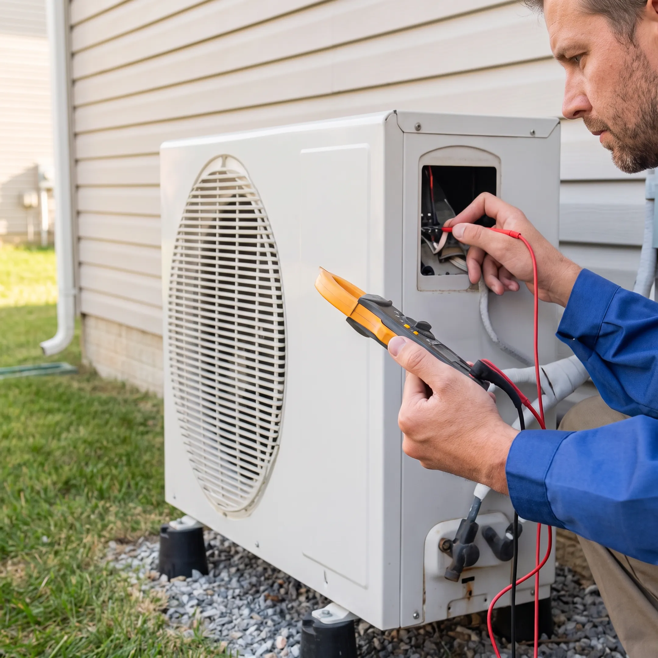 HVAC technician inspecting a residential air conditioning unit