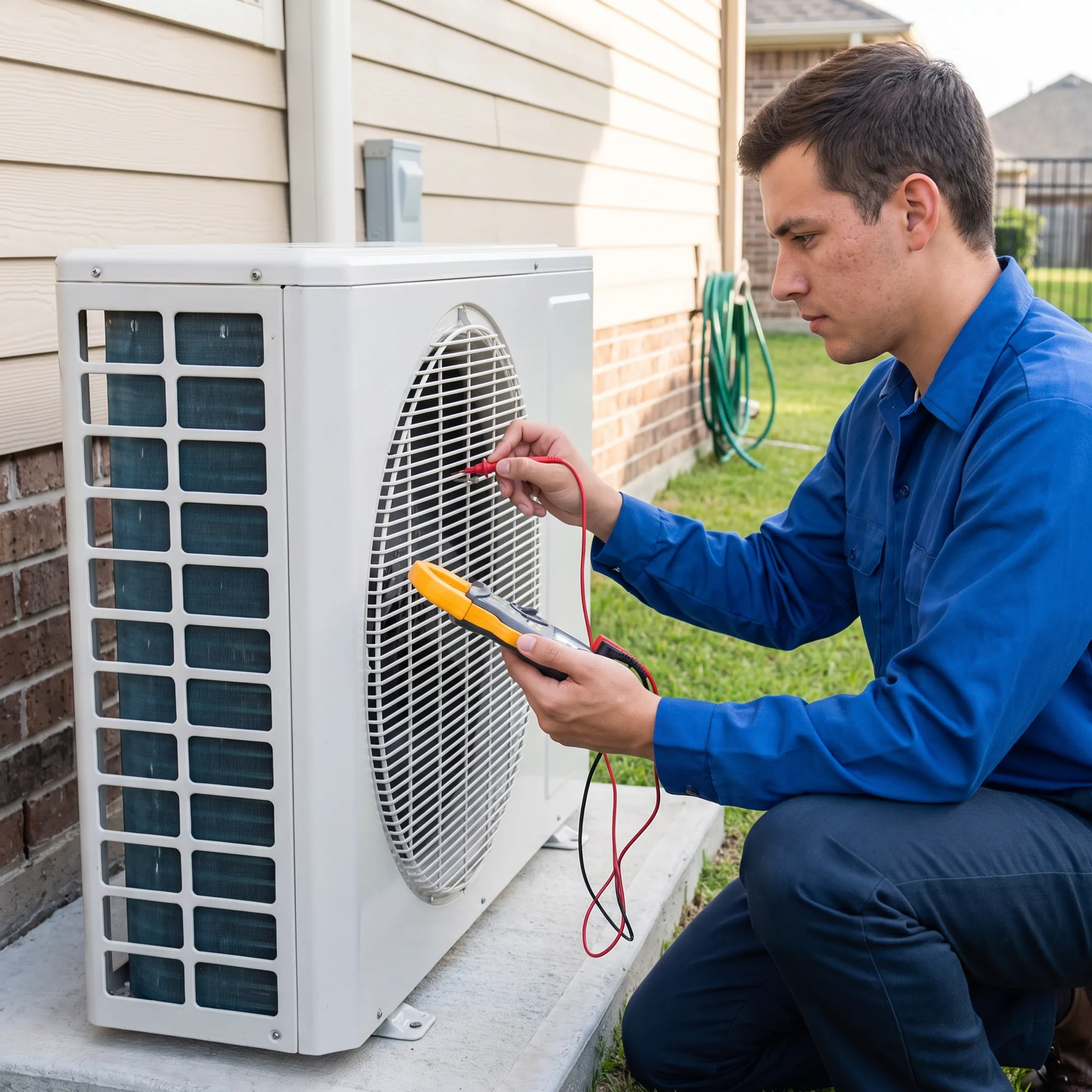 HVAC technician inspecting a residential air conditioner
