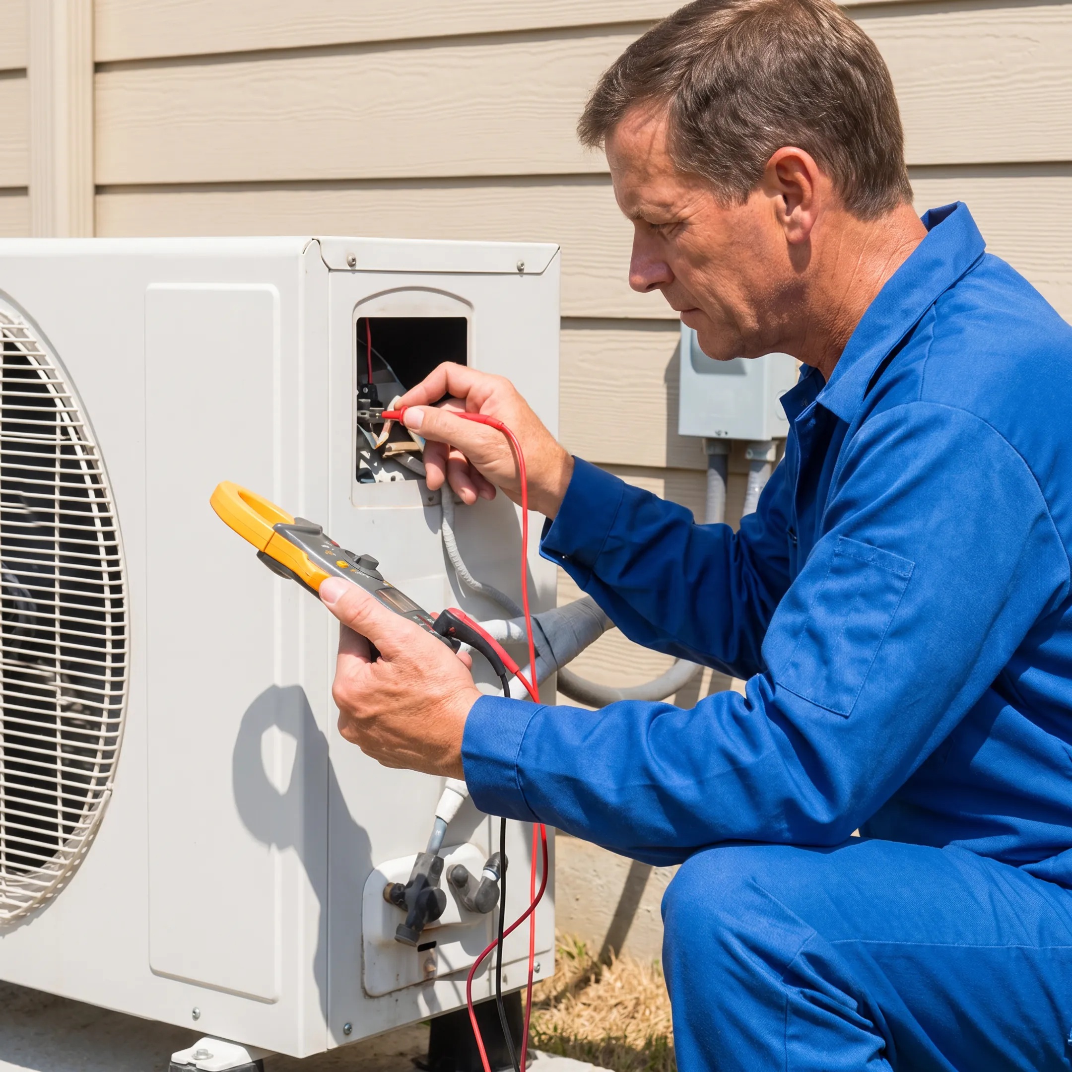 HVAC technician inspecting a home air conditioner