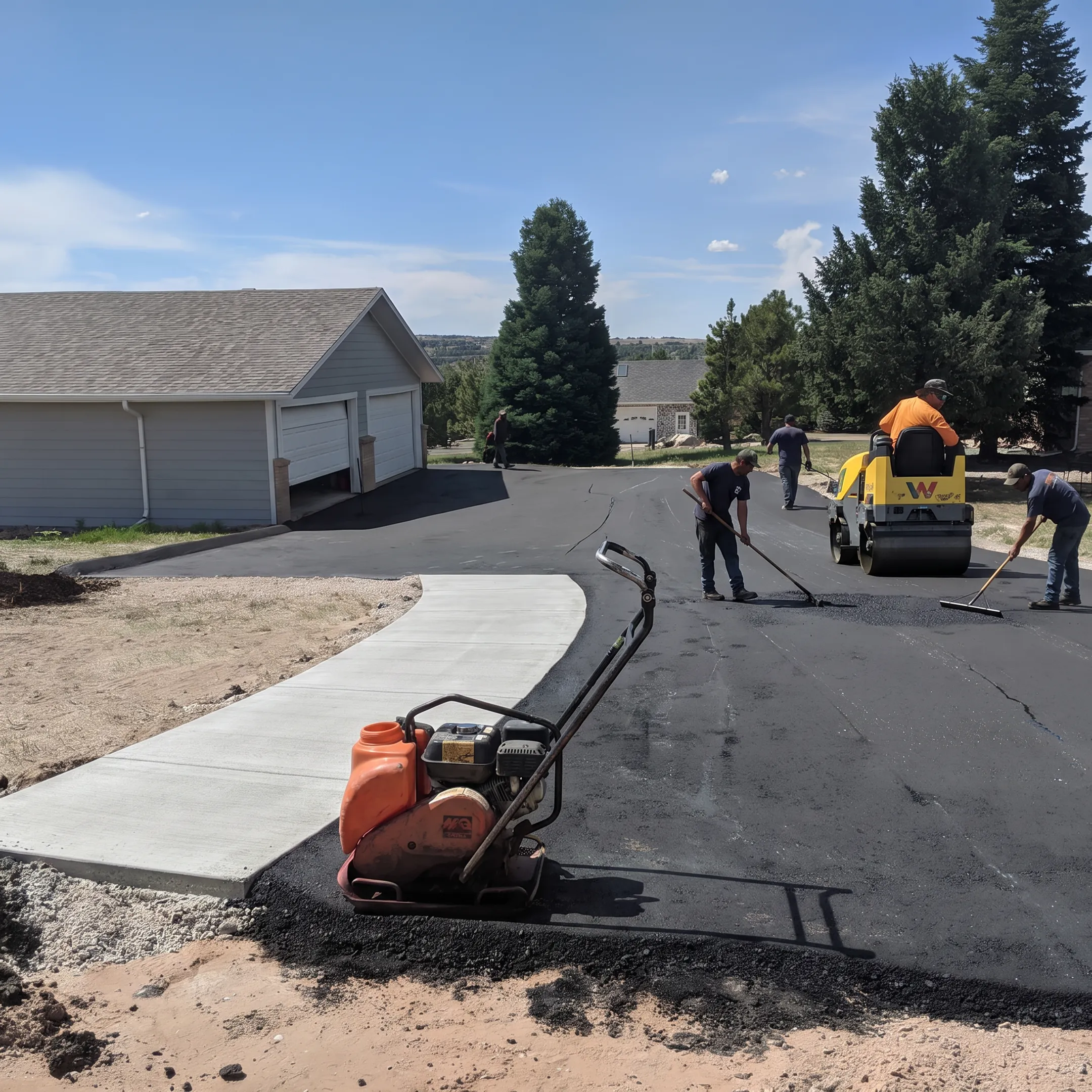 Fresh asphalt driveway beside a concrete walkway