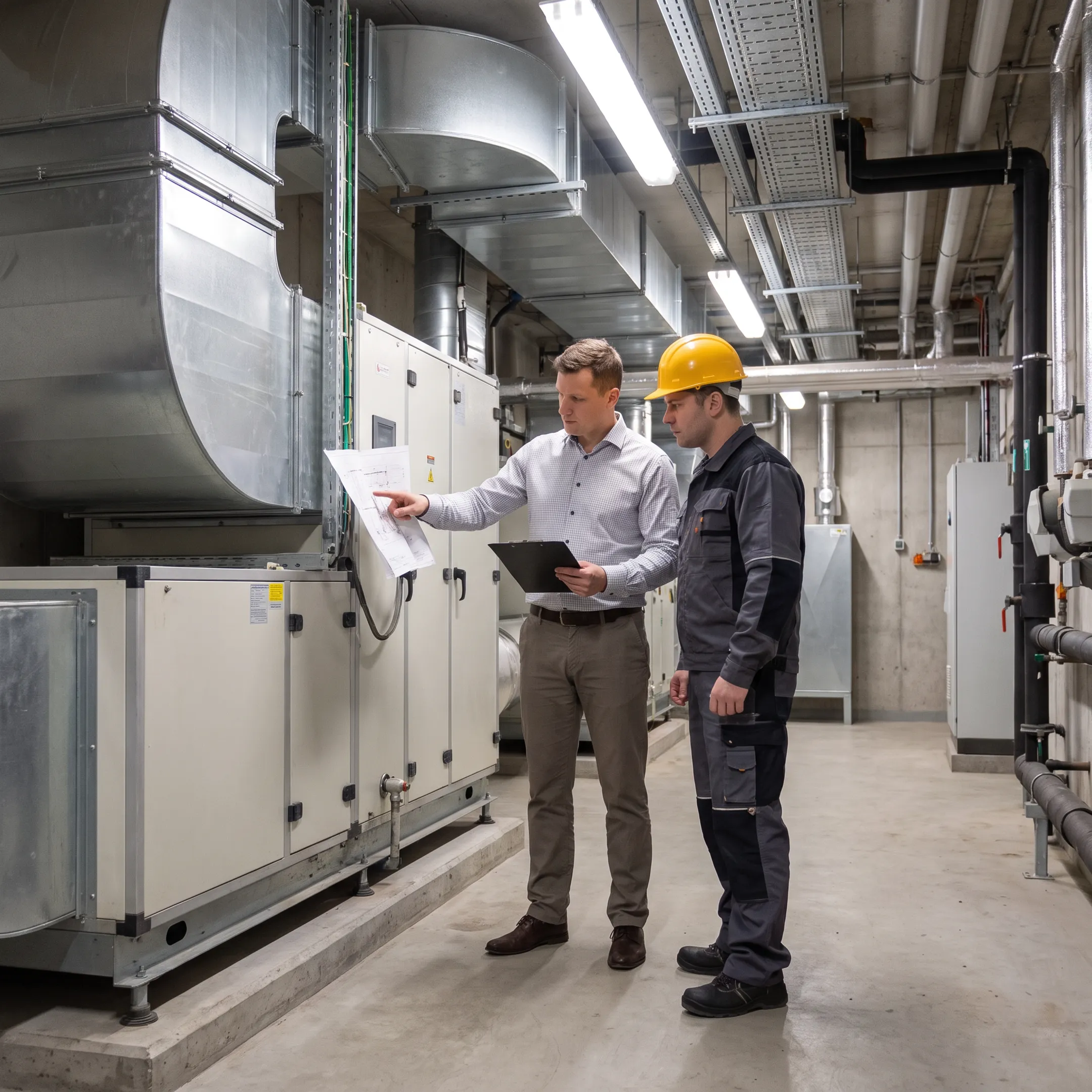 Facilities manager reviewing duct cleaning plans