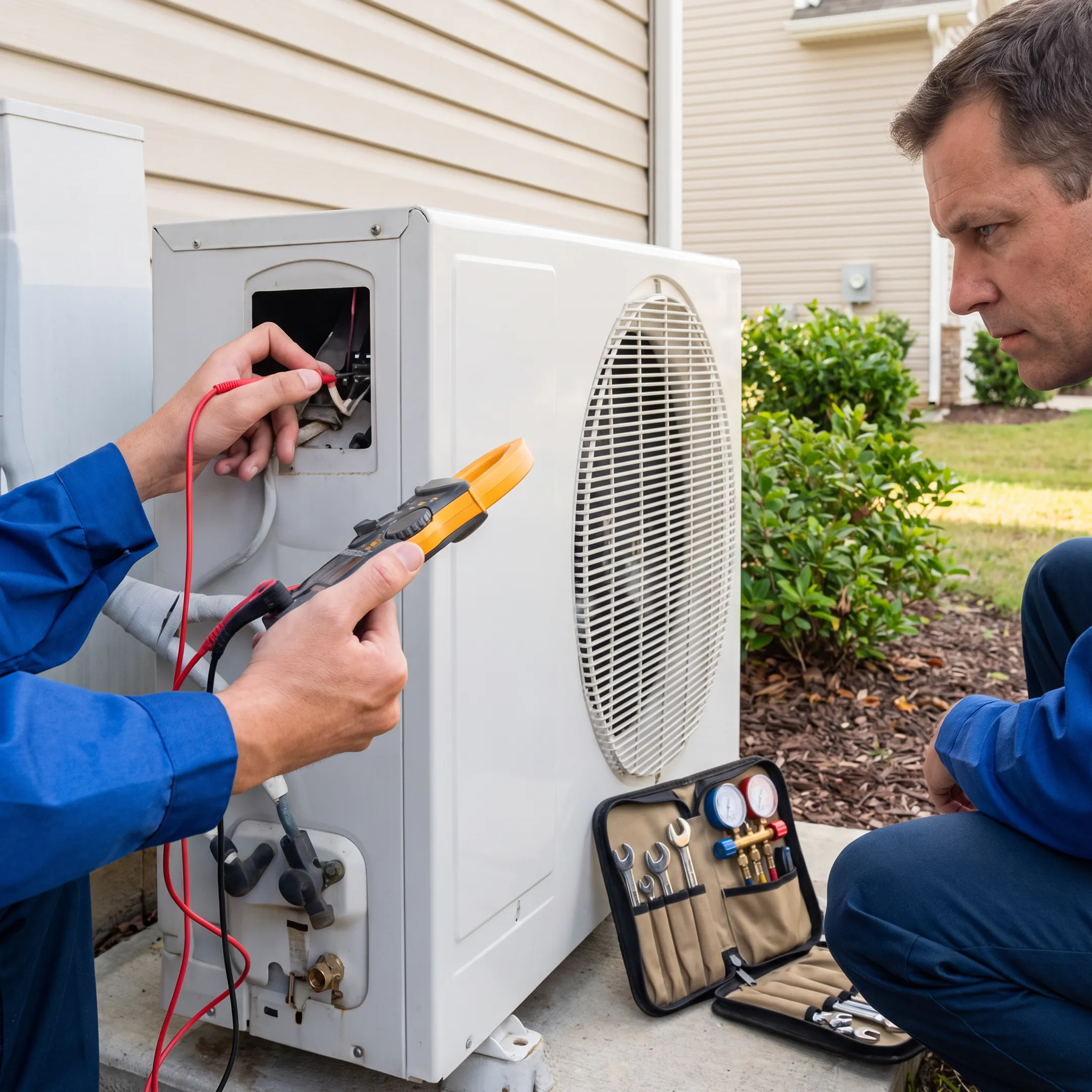 HVAC technician performing air conditioning maintenance