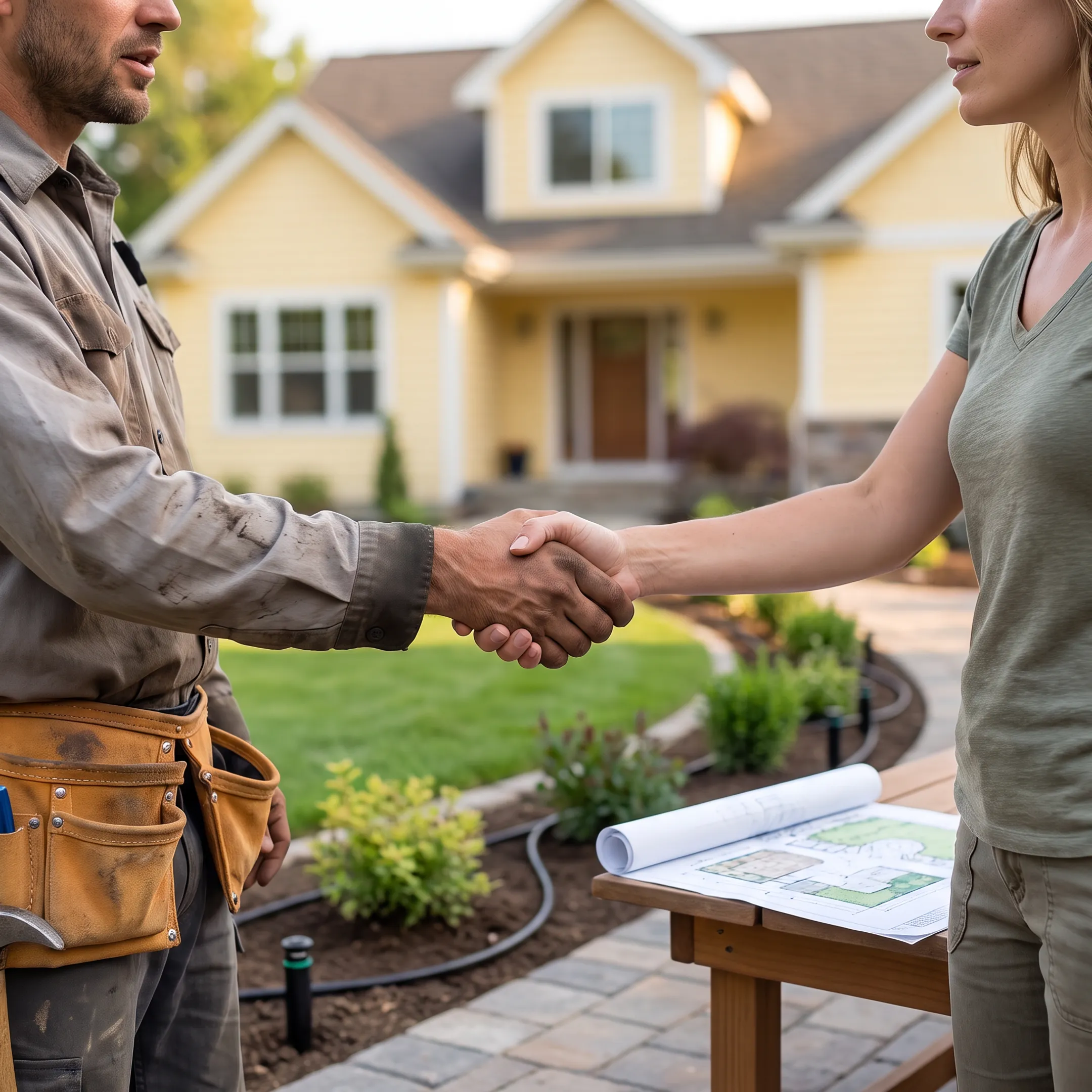 Landscape contractor discussing backyard improvements