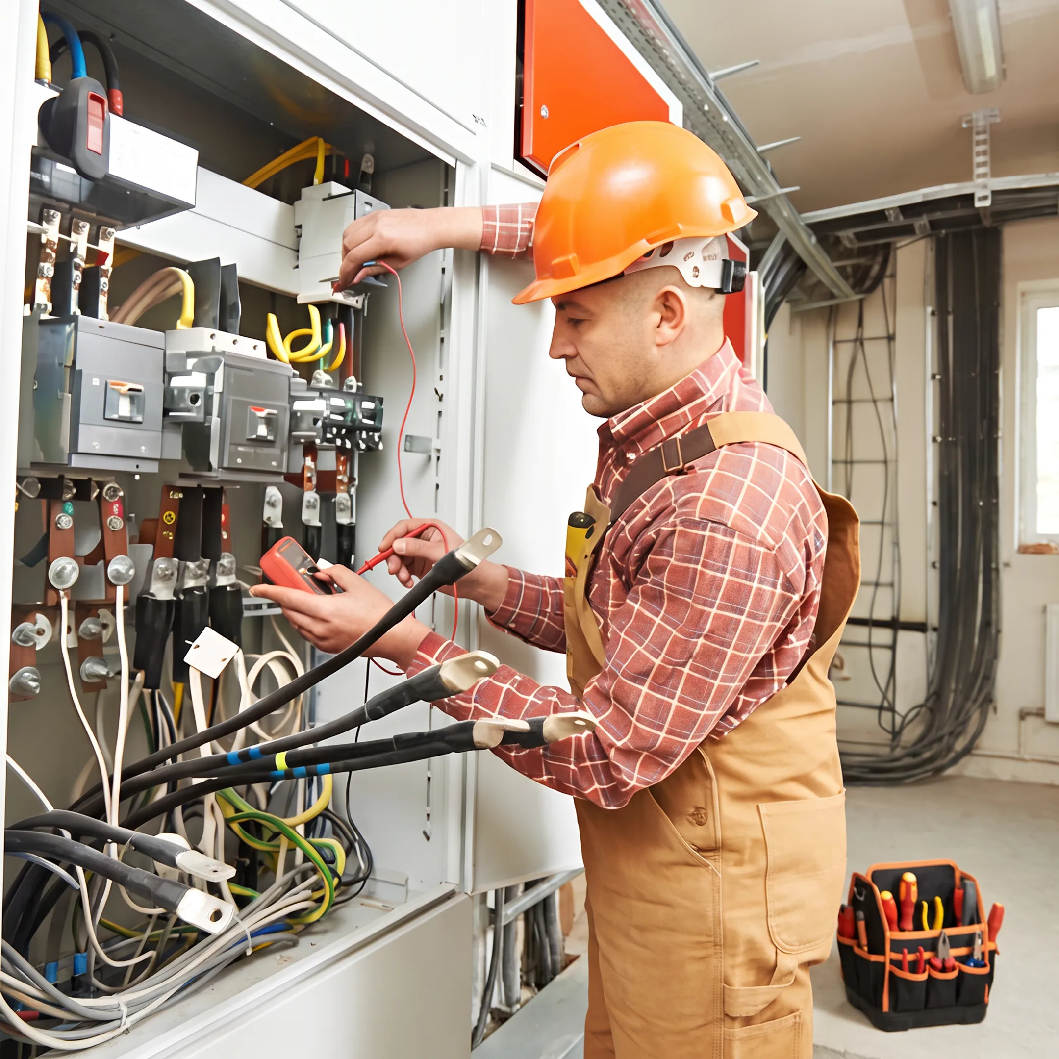 Electrician inspecting a residential electrical panel