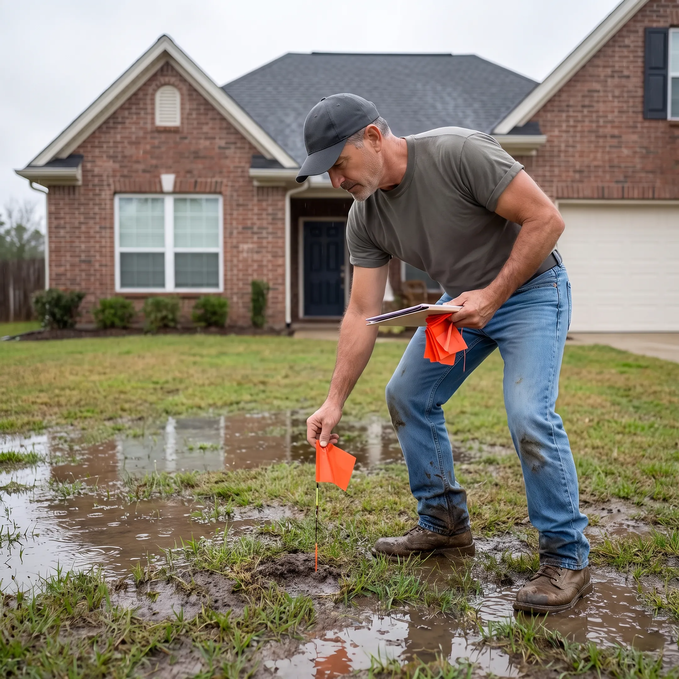 Contractor assessing a waterlogged Houston yard for French drain installation