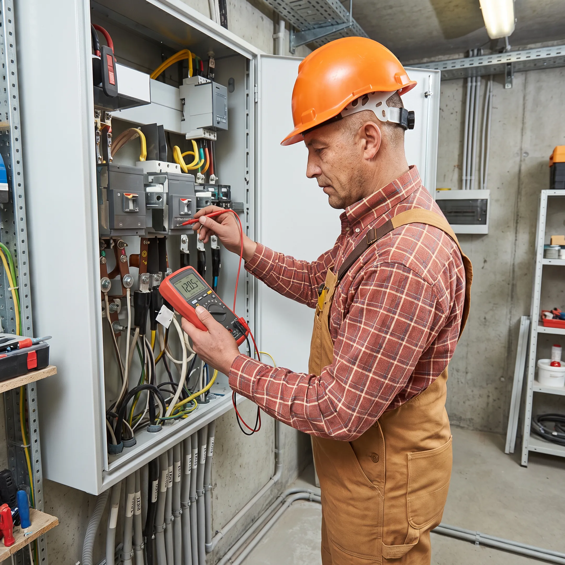 Electrician inspecting residential electrical wiring